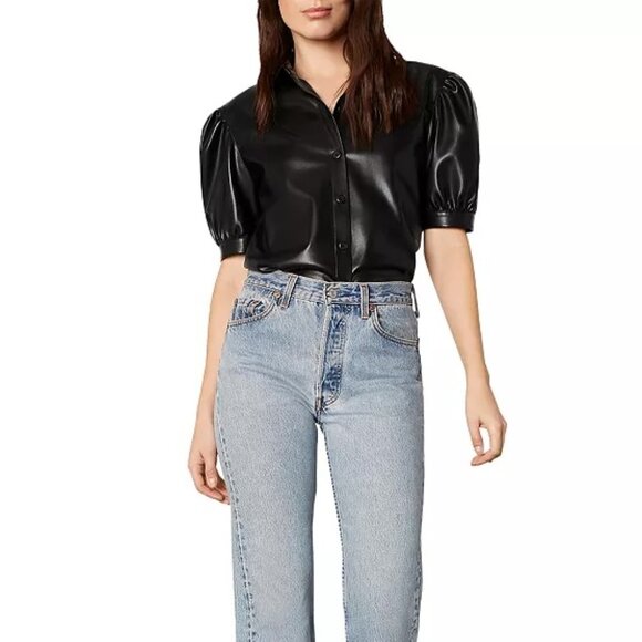 BB Dakota Black Faux Leather Puff Sleeve Button Down Top Sz XS - Picture 1 of 12